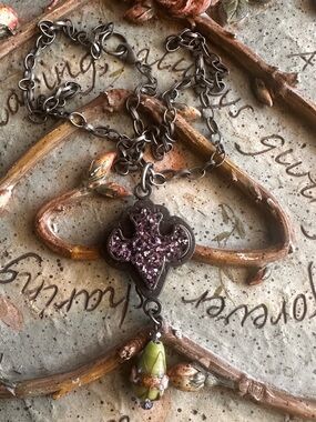 Hand Crafted Purple Druzy-Style Pendant Necklace with Green Glass Drop